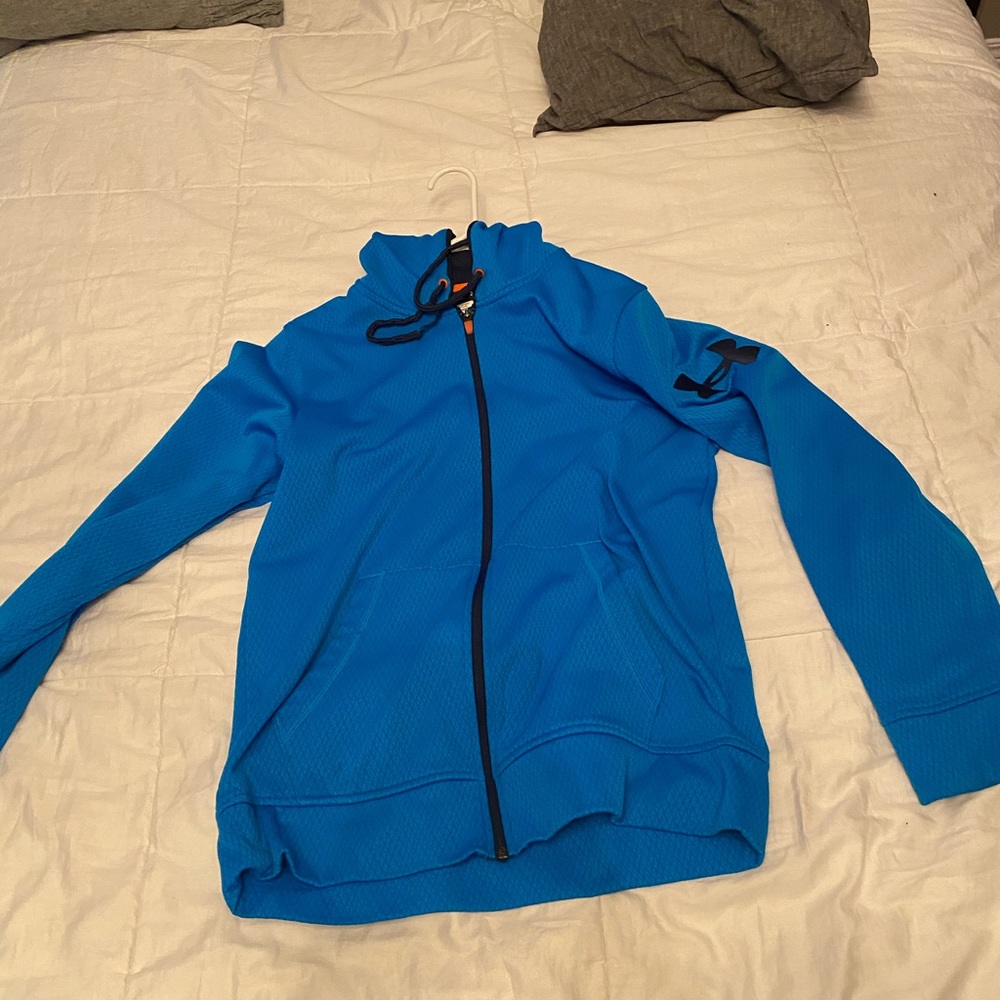 blue and orange under-armor zip up sweatshirt hood